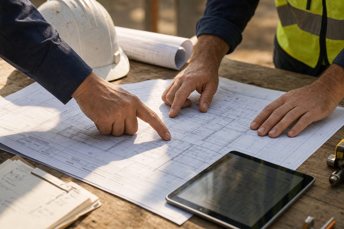 Reviewing architectural blueprints and site plans on a job site