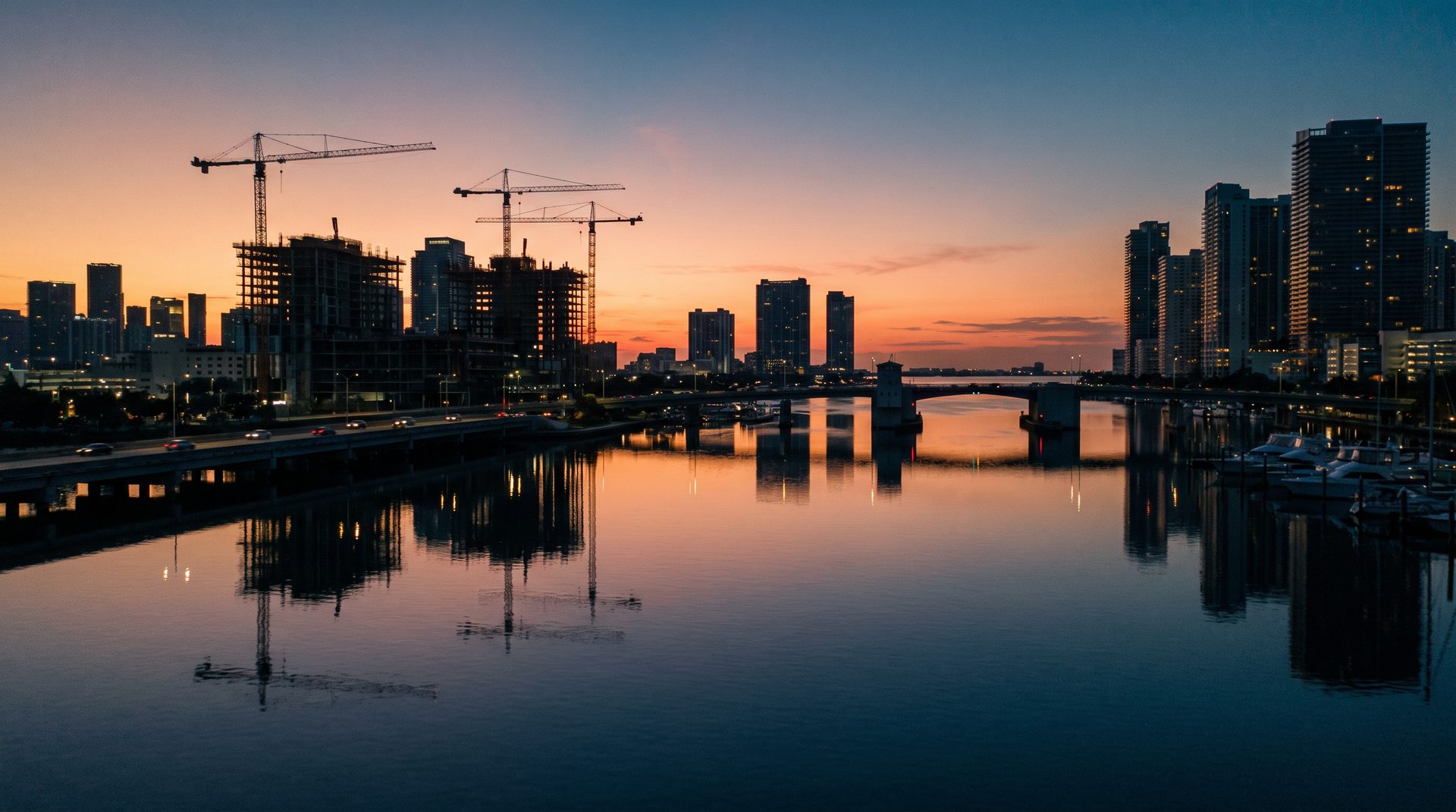 Miami skyline at dusk with construction cranes
