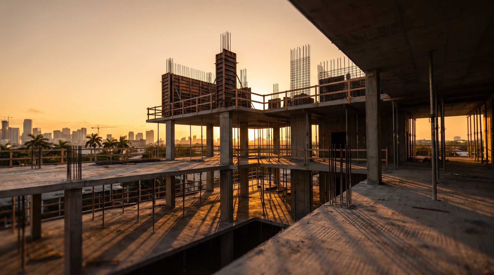Concrete structural shell of a mid-rise building under construction in Miami at sunset