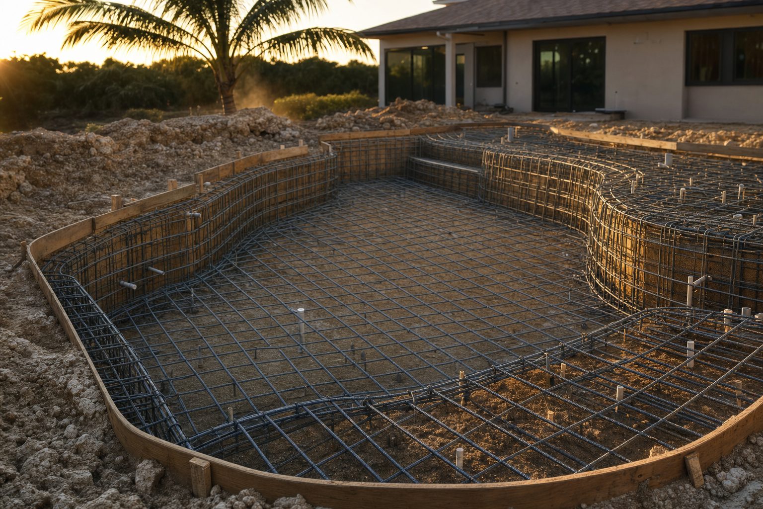 Steel reinforcing cage tied for a structural swimming pool shell in a South Florida backyard