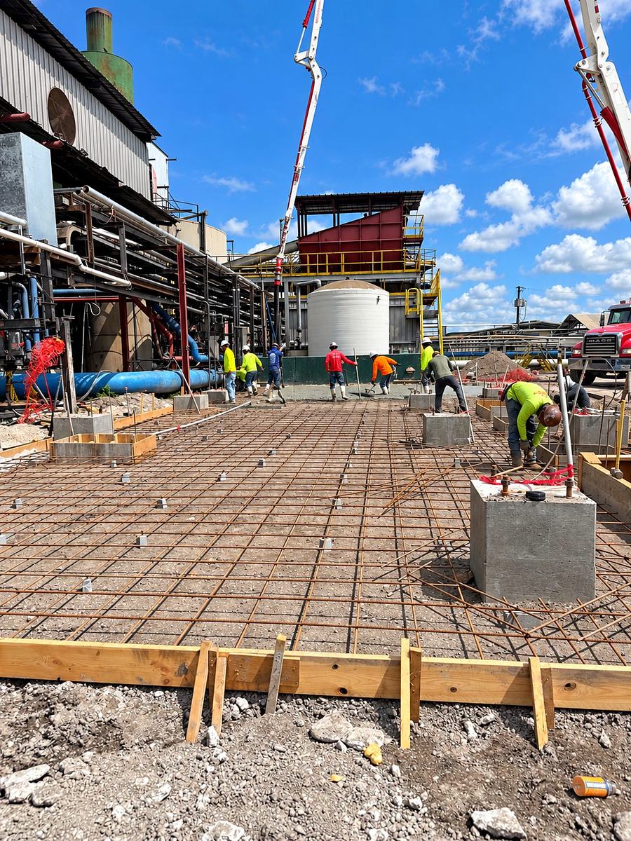 Slab rebar mat tied on chairs around poured column piers before the concrete pour