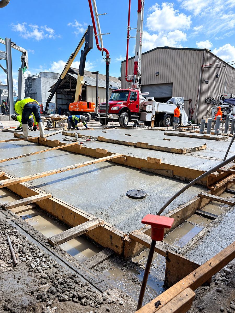 Crew placing and finishing a concrete slab with screed rails and trench drain blockouts