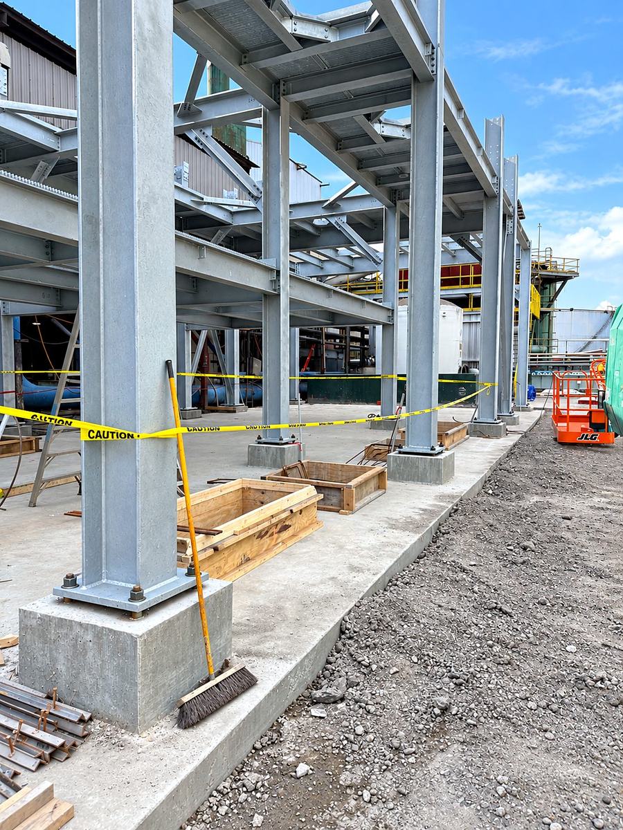 Structural steel columns anchored to concrete piers on a commercial slab