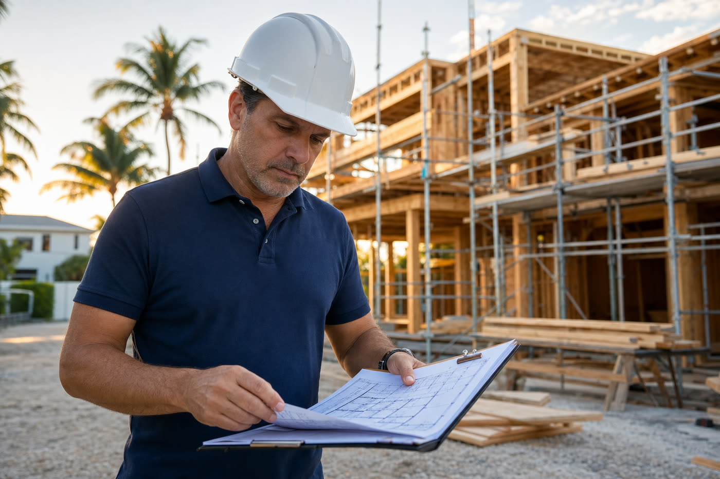 General contractor reviewing blueprints at a Miami construction site