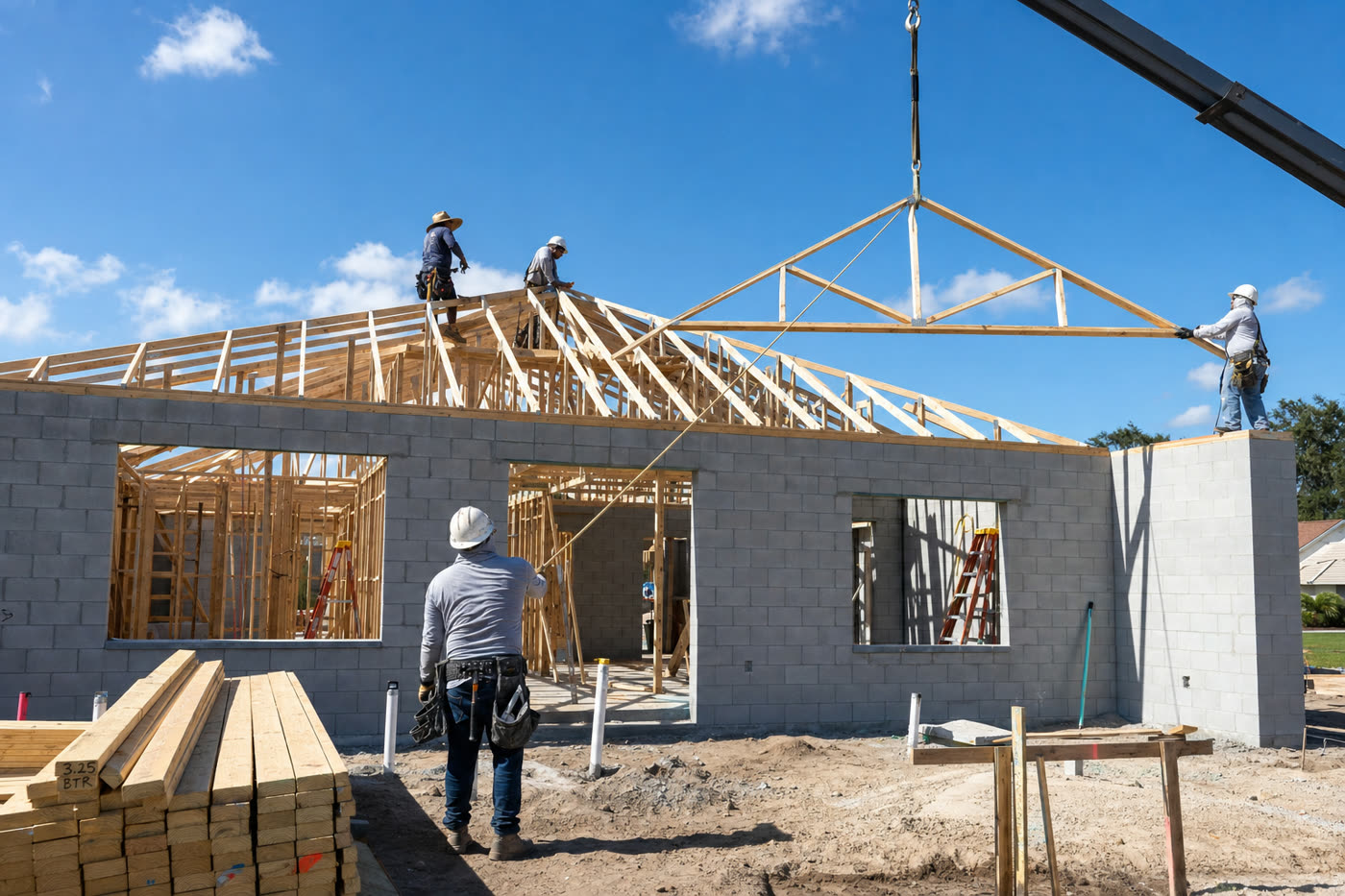 Crew framing the roof of a new concrete block home