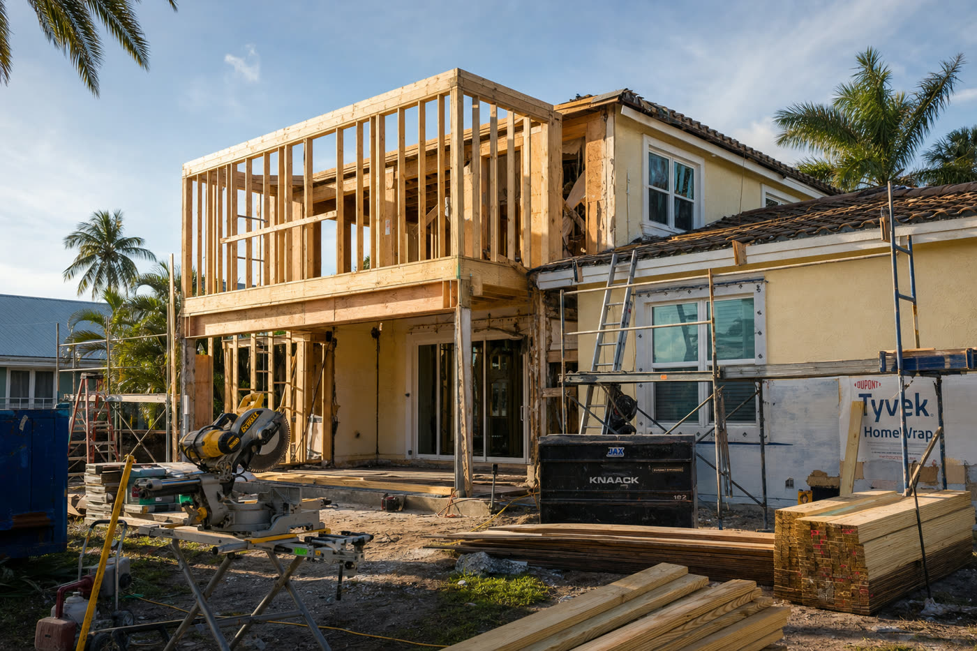 Room addition being framed onto an existing Florida home